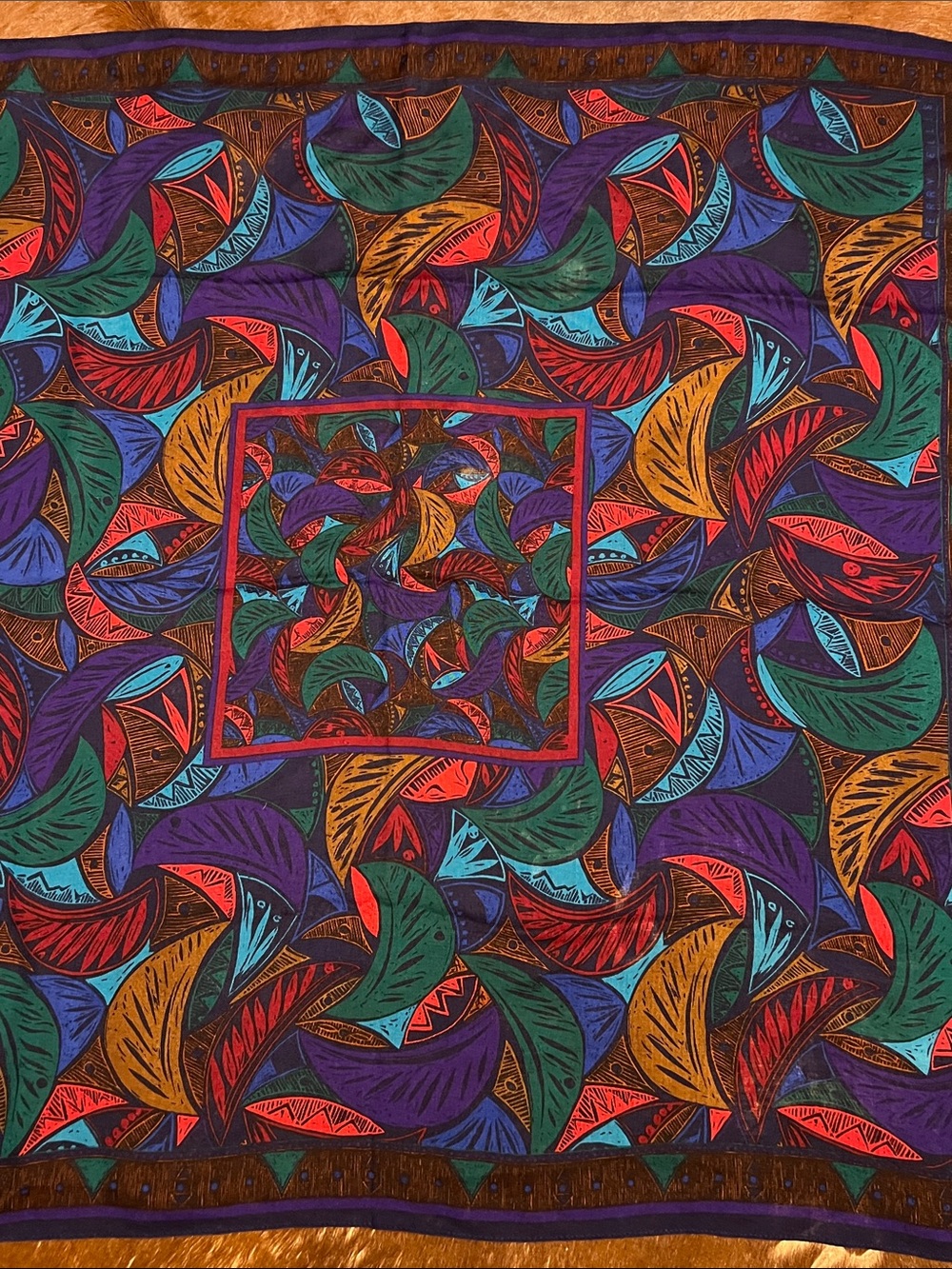 100% Wool Perry Ellis Geometric Print Scarf in Blue, Teal, Purple & Red, Japan - Picture 3 of 10